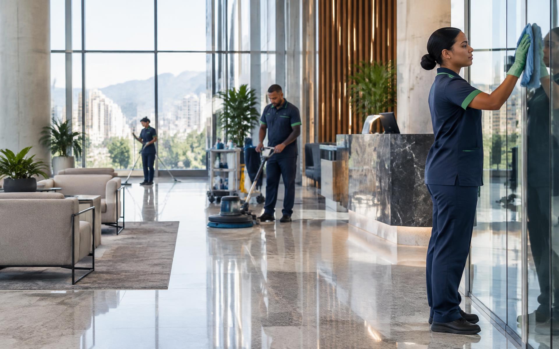 Equipe profissional realizando limpeza em edifício comercial